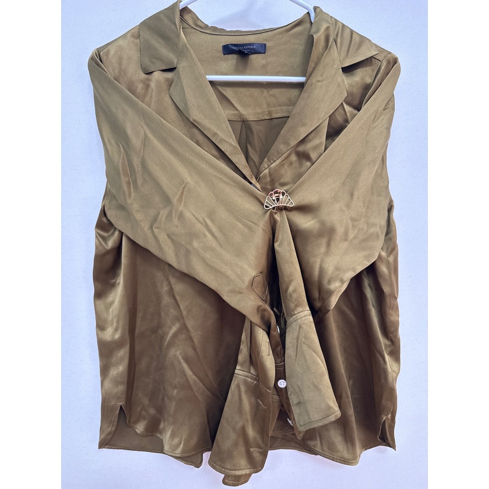 Banana Republic 100% Silk Button Down Blouse Olive Bronze Small Long Sleeve